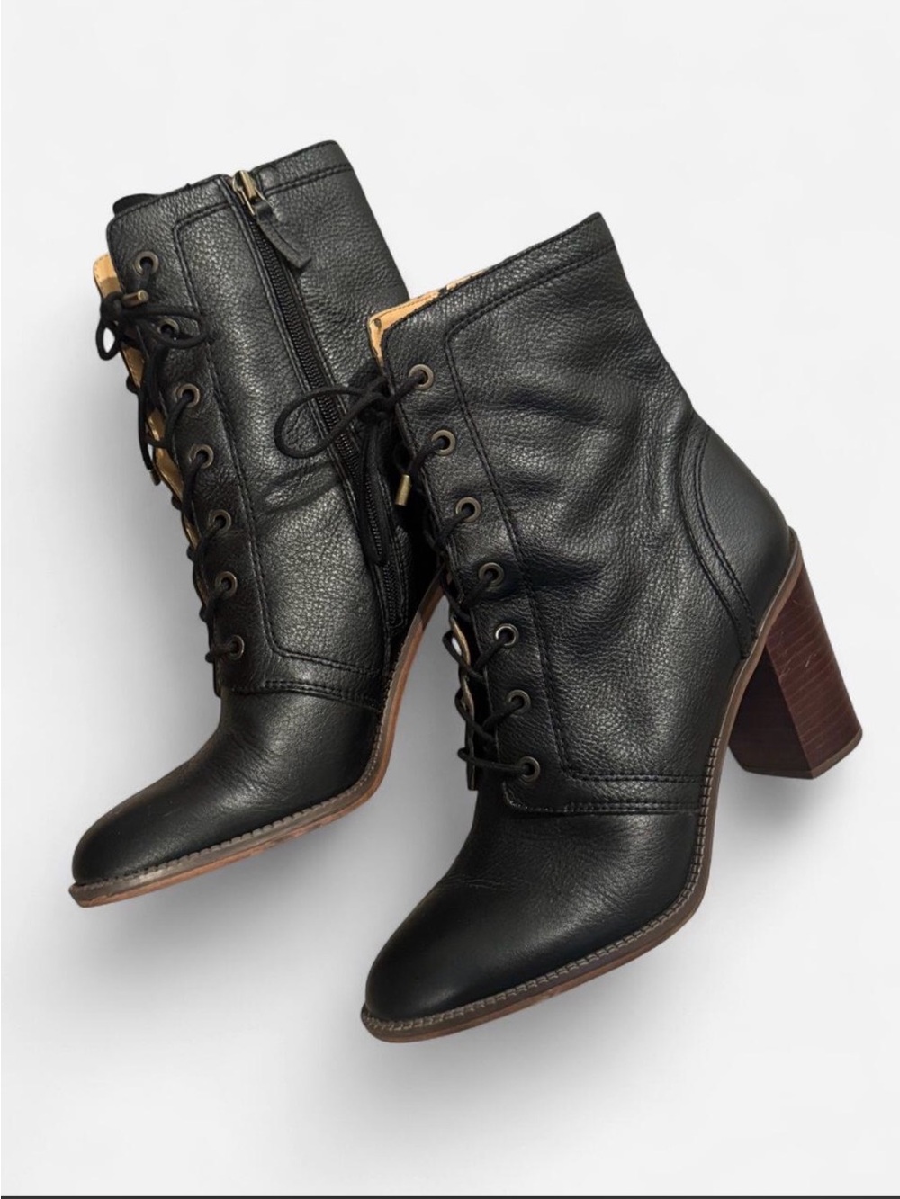 Franco Sarto Black Leather Lace-Up Block Heel Ankle Boots, 10